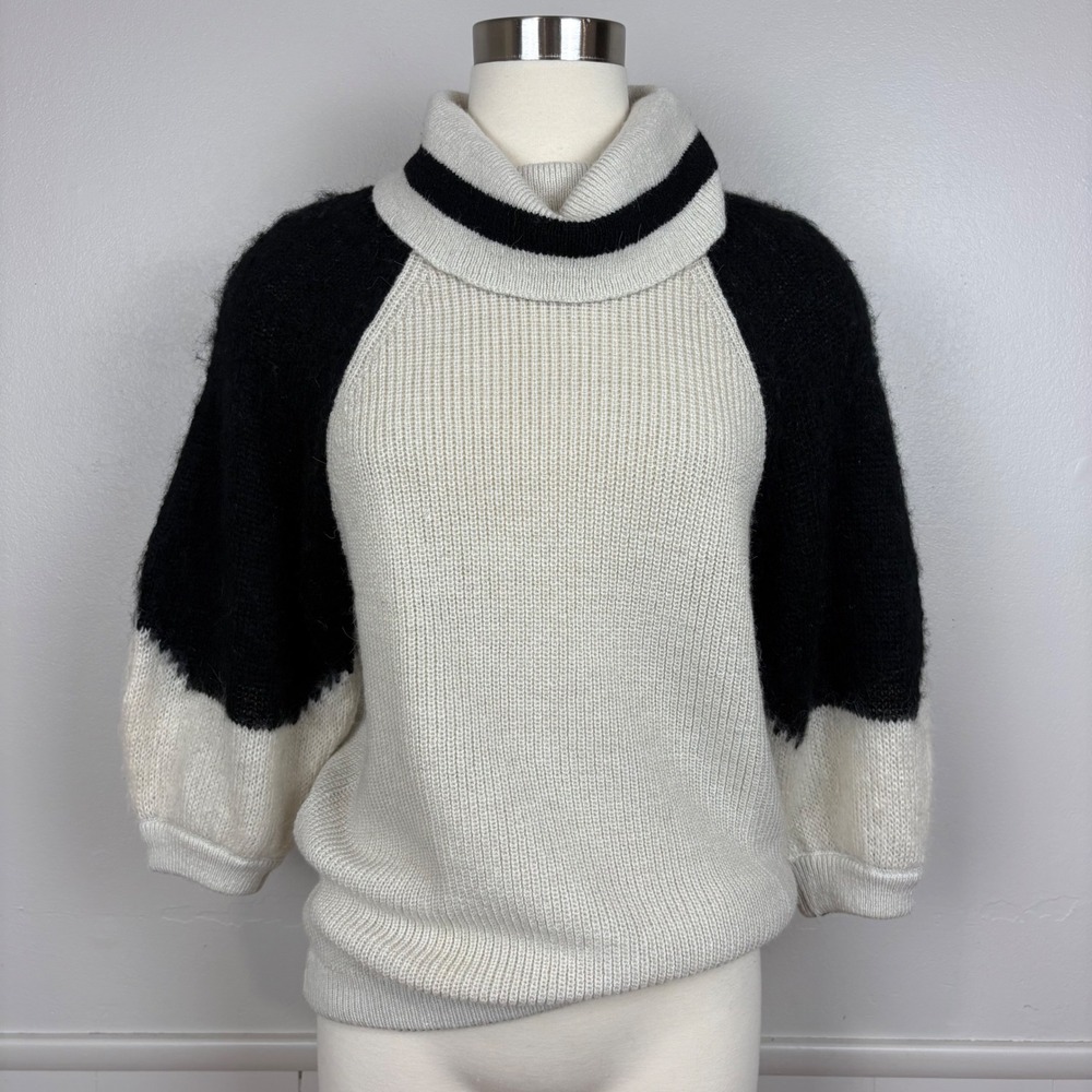 Oriana Italy Cowl Neck Sweater Wool Alpaca Mohair Small Cream Black‎ Puff Sleeve